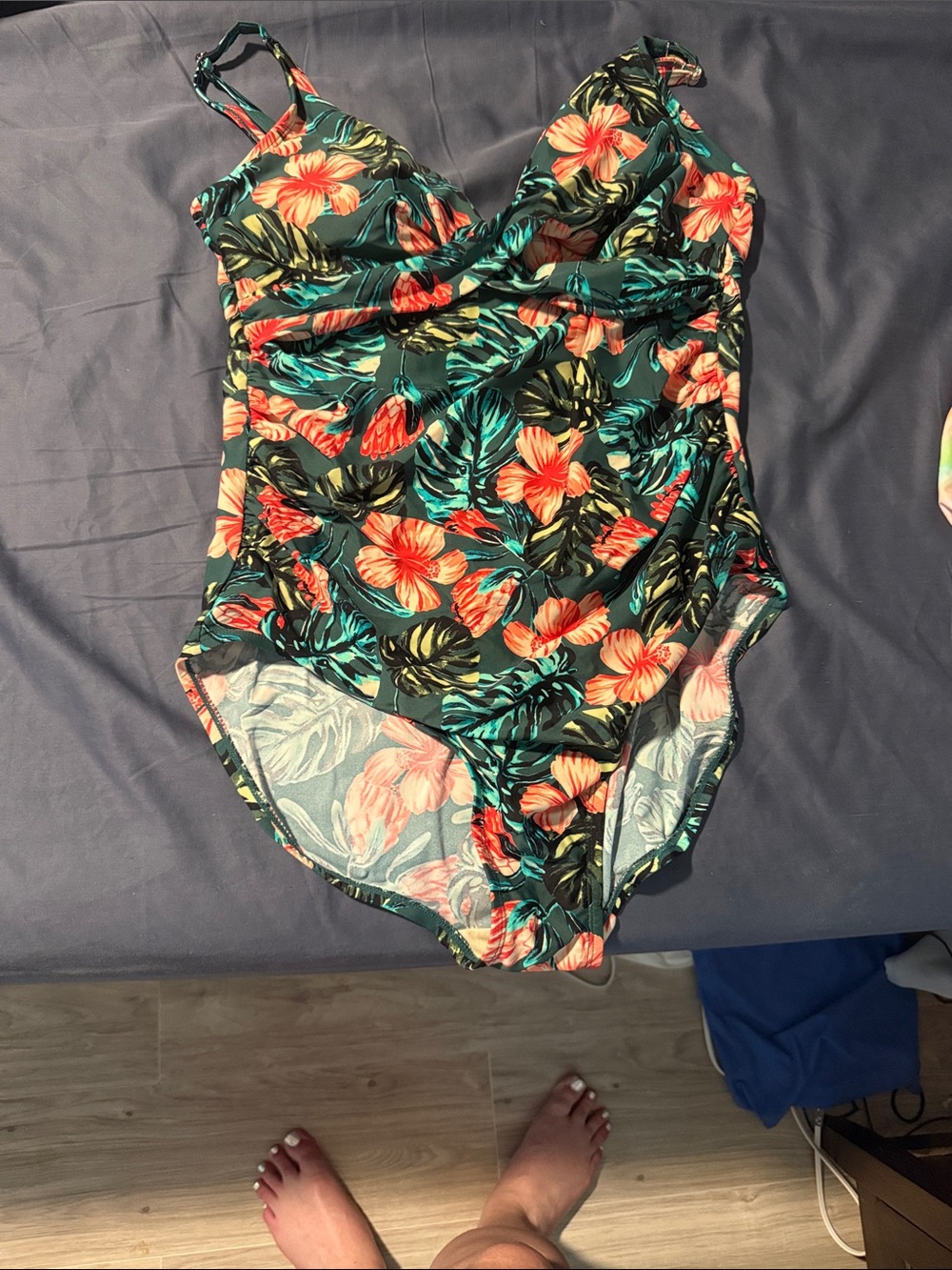Merona Tropical Floral One-Piece Swimsuit - Green with Coral Hibiscus